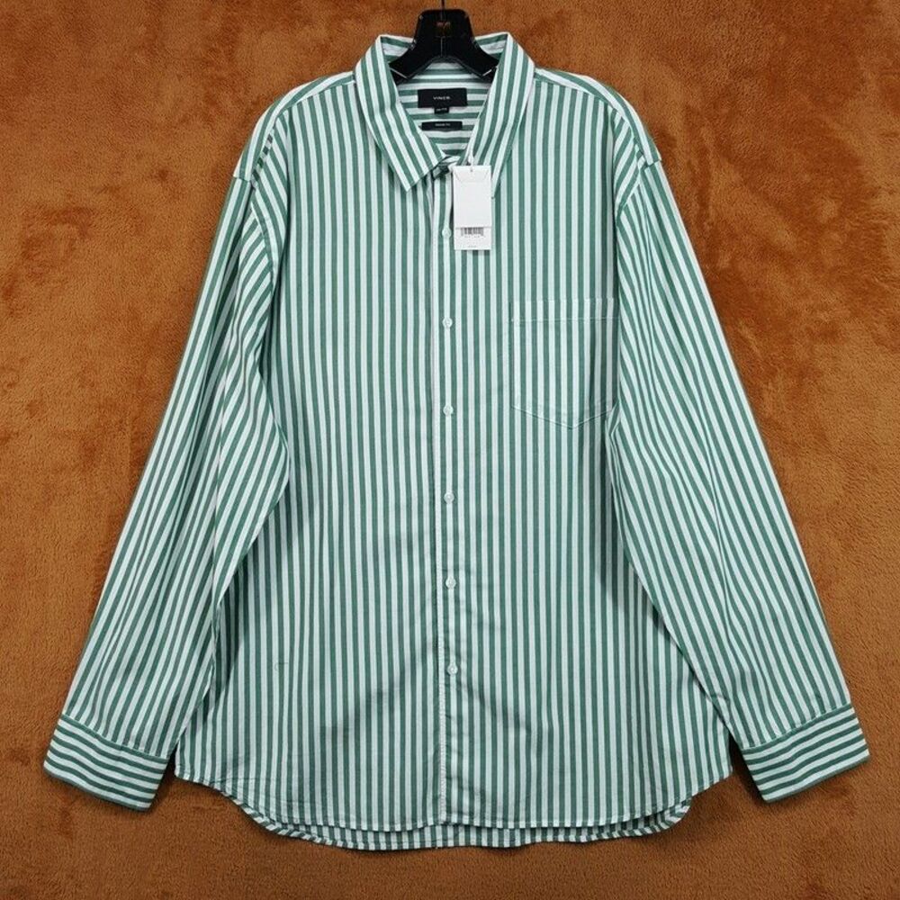 VINCE Button Shirt Mens XXL Green Stripe Long Sleeve Pocket Classic Fit $228